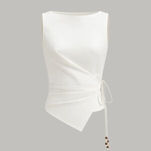 Commense asymmetrical wrap tie sleeveless top with beaded string - white - M new